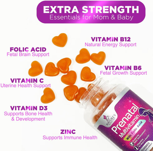 Prenatal Gummy Vitamins for Women, Prenatal Multivitamin with Folic Acid for Fetal Support, Vitamin A, C, D3, B12 & B6, Nature's Pregnancy Vitamin...