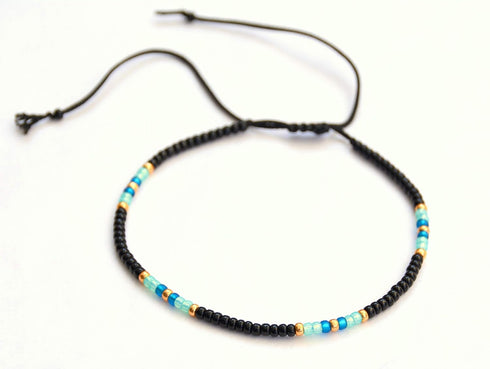Anklet for Women, Unique Beaded Thin Anklet, Black Gold Colorful Boho Hippie Waterproof Beach Foot Jewelry, Native American Style, Handmade by Tri...