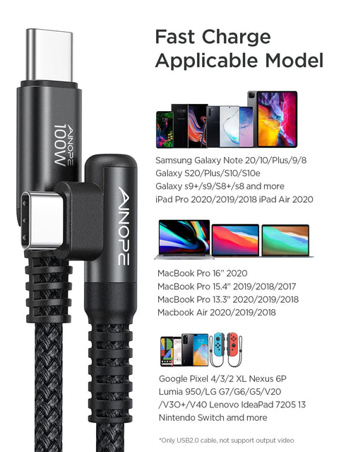 AINOPE 100W 5A USB C Cable 10FT, USB C Charger Cable, Right Angle Fast Type C Cable Fits for iPhone 15 Pro Max Plus, MacBook Air/Pro, iPad Pro, Sa...