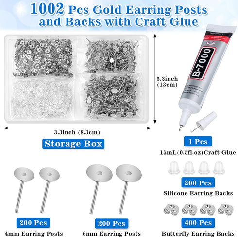 Jewelry Glue with Earring Posts,1002Pcs Stainless Steel Earring Posts with Butterfly and Rubber Earring Backs, Hypoallergenic Stud Earring Posts w...