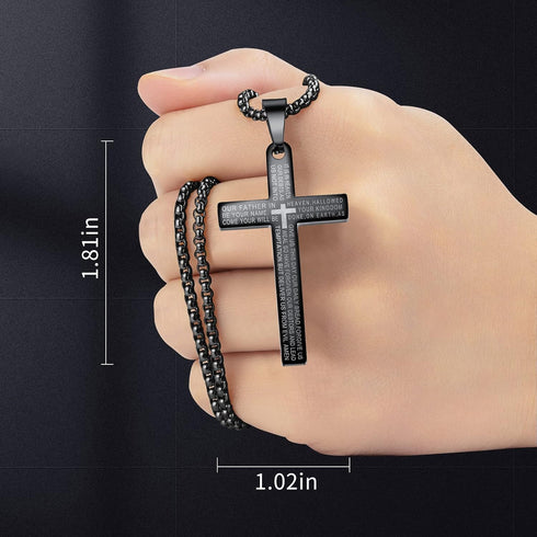 Stainless Steel Lord's Prayer Necklace for Men Women Cross Pendant for Car Rear View Mirrors, Decorative Automobile Hanging Charm Ornament with Bi...