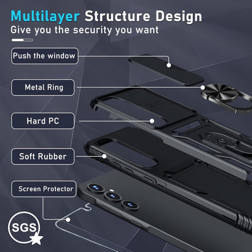 Janmitta for Samsung Galaxy A35 5G Case Built in Slide Camera Lens Cover+Screen Protector+Finger Ring Holder Kickstand,Heavy Duty Shockproof Full ...