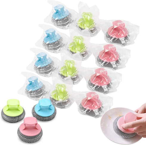 Stainless Steel Sponges Wool Scrubbers, Individually Wrapped Cleaning Sponges Metal Wire Scourer Heavy Duty Scrubbing Scouring Pad with Handle for...