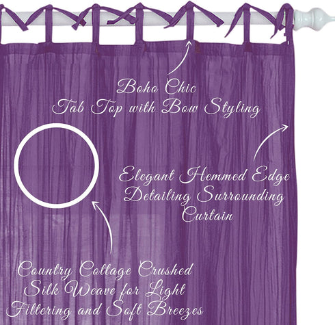 Elrene Home Fashions Greta Crushed Sheer Tie Tab Top Teen Kids Single Window Panel Curtain Drape, Purple, 50" x 95"...