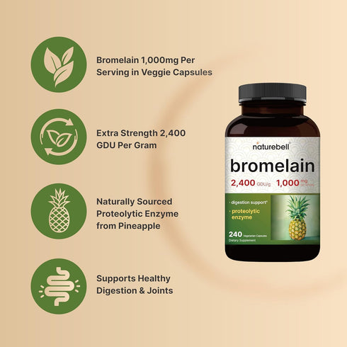 NatureBell Bromelain, 1,000mg Per Serving, 240 Veggie Capsules | 2,400 GDU – Digestive Enzymes & Joint Support Supplement – Proteolytic Enzymes fo...