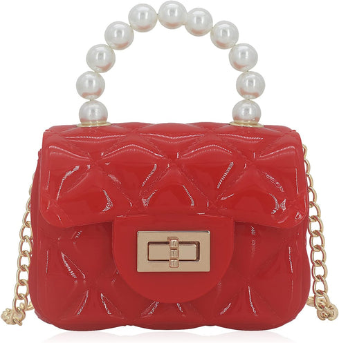 Mini Jelly Purse Flap Handbag with Pearls Top Handle Faux Quilted Crossbody Bag...