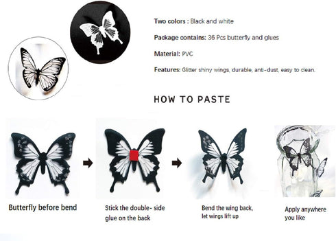 Butterfly Wall Stickers Decal, 36 PCS 3D Black and White Butterfly Stickers with Adhesive,Qyeaber Crystal Butterflies, Removable Art Mural for Bab...