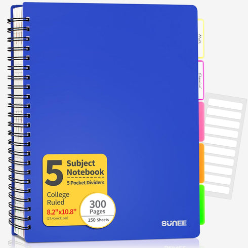 SUNEE 5 Subject Notebook College Ruled - 300 Pages, 8.2"x10.8", 5 Pocket Colored Dividers, 3-Hole Punched Paper, Blue...