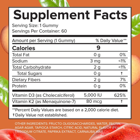 Sugar Free Vitamin D3 K2 Gummies - Vitamin D3 Gummies 5000 IU+K2 MK7 80 mcg, K2 D3 Vitamin Supplement Adults, Vitamin D K2 for Bones, Immune, Hear...