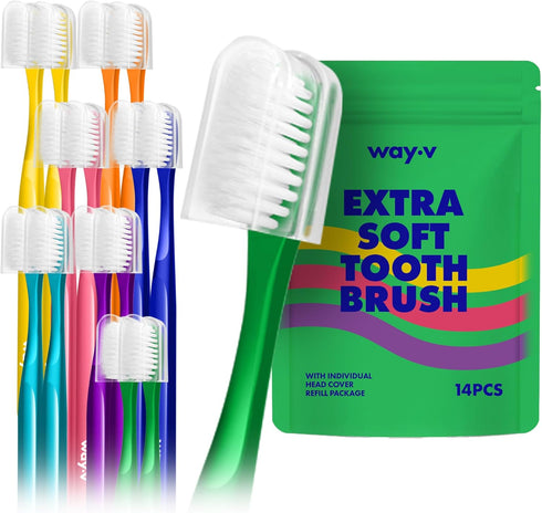 Extra Soft Toothbrush Refill for Adults Sensitive Gums and Teeth with Individual Head Covers, 14 Pcs Manual Toothbrushes - Family and Guests - Gre...
