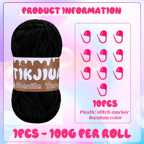 3.5OZ Black Chenille Yarn for Crocheting,Chunky Chenille Yarn with Crochet Stitching Markers, Chenille Yarn Chunky for Pillow Blanket Scarf Sweate...