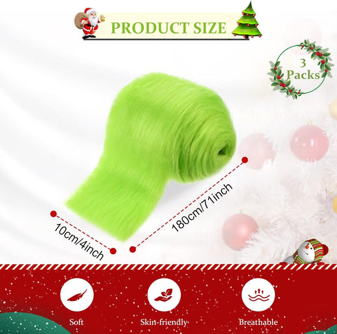 3 Pcs Green Faux Fur Fabric Strips Shaggy Plush Fluffy Boa Precut Fuzzy Craft for DIY Christmas Halloween Gnome Beard Hair Cosplay Dolls Dwarf Cos...