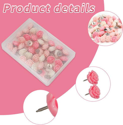 40Pcs Rose Theme Push Pins Rose Thumb Tacks Decorative Flower Cork Board Tacks for Bulletin Board, Photos Wall Maps and Other Offices Schools Supp...