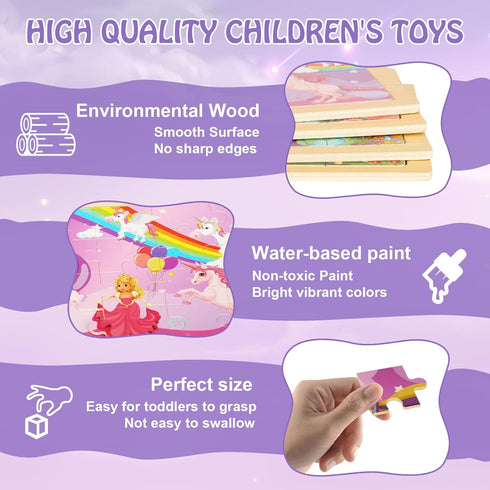 Wooden Puzzles Toys for Kids Ages 3-5, Set of 4 Packs with 20-Piece Unicorn Mermaid Princess Wood Jigsaw Puzzles, Preschool Educational Brain Teas...