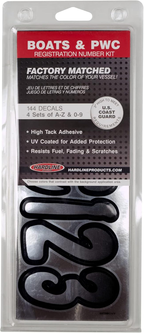 Hardline Products Series 200 Factory Matched 3-Inch Boat & PWC Registration Number Kit, Chrome/Black - CHBKG200...