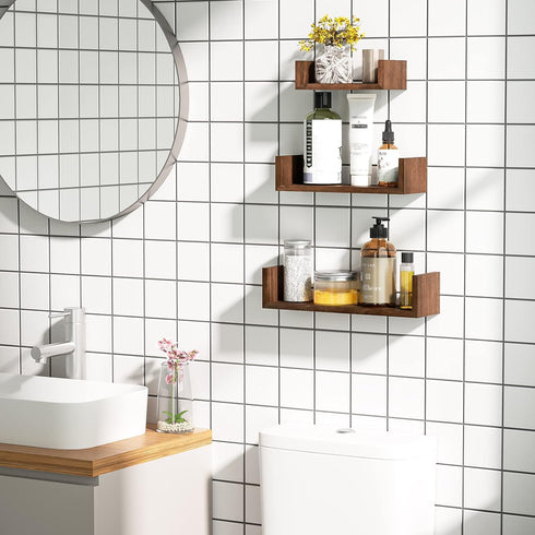 SRIWATANA Floating Shelves Wall Mounted, Solid Wood Wall Shelves Set of 3, Dark Brown…...