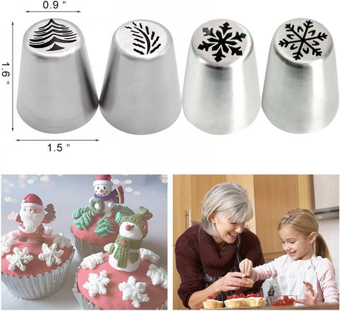 4 PCS Christmas Pastry Icing Piping Nozzles,Special Stainless Steel Russian Piping Tips Set,Cake Decorating Tools(1 Christmas Tree,2 Snowflake,1 L...
