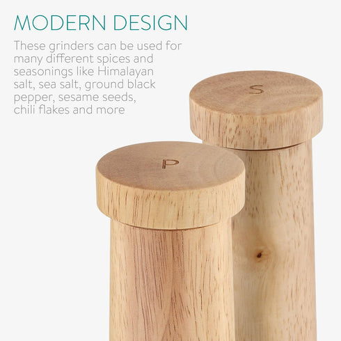 Navaris Salt and Pepper Mill Set - Adjustable Rubber Wood Salt and Pepper Grinders Shakers with Ceramic Grinding Core for Home, Restaurants - Desi...