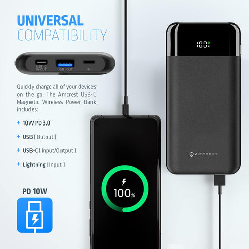 Amcrest USB C Power Bank, 10,000mAh Portable Charger USB C, Wireless Magnetic Power Bank Fast Charging 10W PD 3.0, Type C Battery Bank with LED Di...