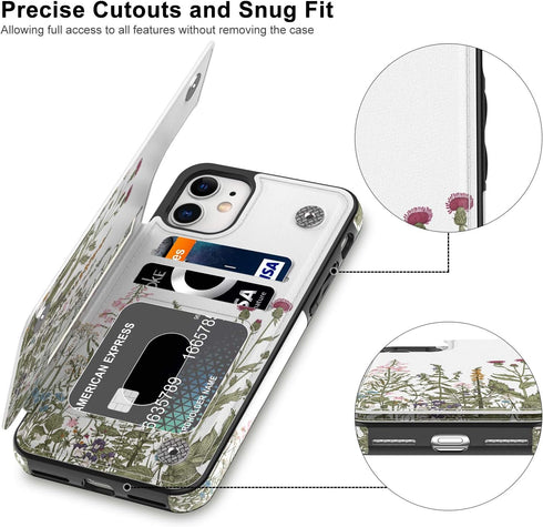 LETO for iPhone 11 Case,Luxury Flip Folio Leather Wallet Case Cover with Fashion Floral Designs for Women,Built-in Card Slots Kickstand,Protective...