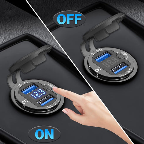 12V USB Outlet 2 Pack, Dual Quick Charge 3.0, Socket Waterproof Aluminum Charger with LED Voltmeter and Power Switch, Adapter for Marine Motorcycl...