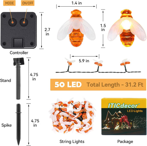 Solar Bee String Lights Outdoor Waterproof 50 LEDs 8 Modes Honeybee Fairy Lights Outdoor Lights Patio Garden Fence Yard Wedding Christmas Tree Dec...
