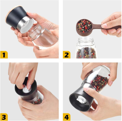 Pepper Grinder Set of 2 - Pepper Mill & Salt Mill with Adjustable Coarseness - Glass Spice Shakers - Easy Clean Ceramic Grinders Salt Shaker with ...