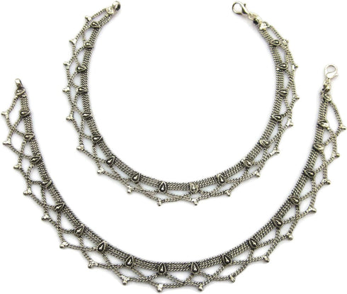Handmade Womens Boho Anklets Pair | Silver Plated Brass Copper Metal Chain Vintage Antique Oxidized Finish | Inidan Payal Feet Ankle Bracelet Fash...