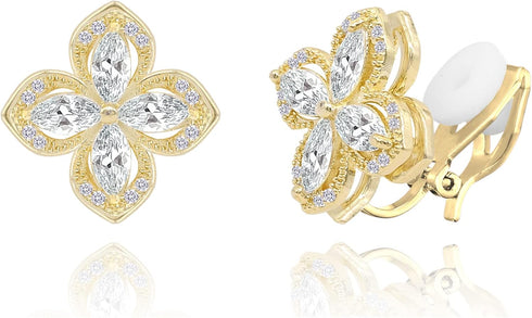 YOQUCOL Cubic Zirconia Crystal Rotatable Flower Shaped Golden Clip On Earrings Non Pierced Golden Stud for Women...