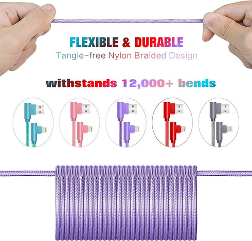 iPhone Charger Cord Right Angle Lightning Cable 6FT 5 Pack 90 Degree Nylon Braid Charging Cord Fast Charging Compatible for iPhone 12/12pro/11/11p...