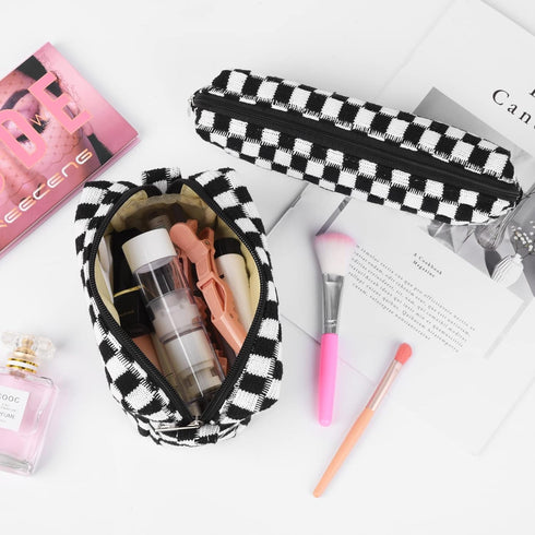 Makeup Bag Checkered Cosmetic Bag Black Makeup Pouch 1Pcs Large Capacity Makeup Bags and 1Pcs Makeup Brushes Storage Bag Travel Toiletry Bag Organ...