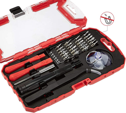 Amazon Basics Electronics Repair Screwdriver Set, Set of 32 Pieces, Red...