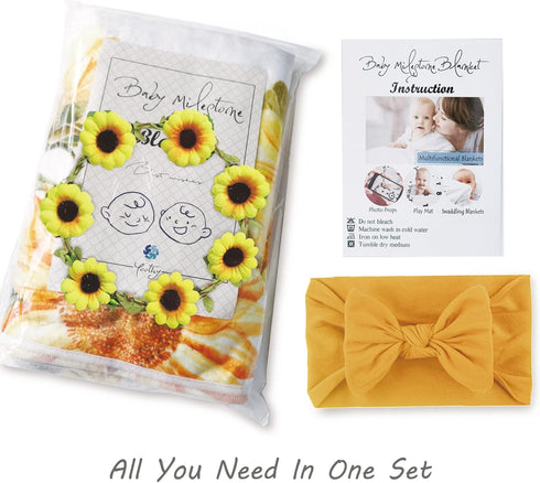 Sunflower Baby Monthly Milestone Blanket Girl, Floral Newborns Month Blanket Gift for Baby Shower, Soft Plush Photo Prop Blanket, Wreath &Headband...