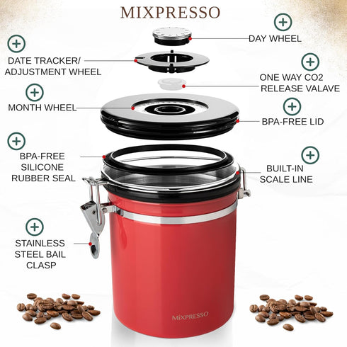 Mixpresso 16 Oz Red Coffee Canister, Stainless Steel Airtight Coffee Container, Air tight Jar Tea Storage with Date Tracker, Vacuum Sealed Espress...