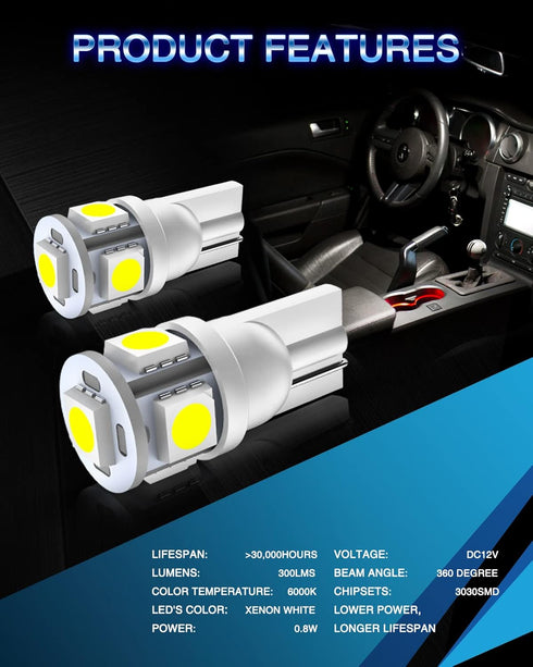 Marsauto 194 LED Bulbs 168 T10 2825 5SMD LED Bulbs Car Dome Map License Plate Lights Lamp White 12V (Pack of 2)...