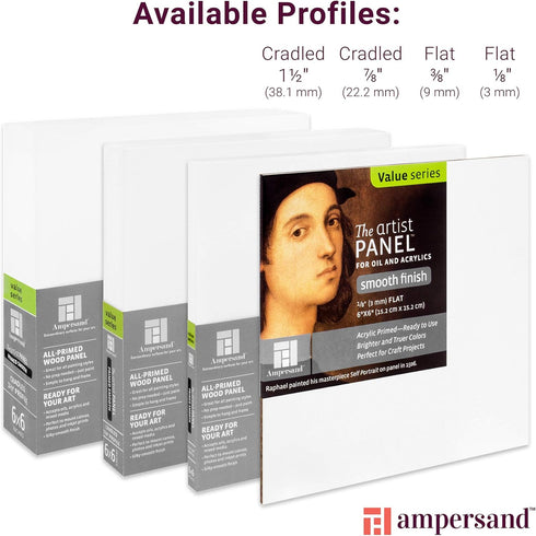 Ampersand Art Supply Wood Gesso Artist Painting Panel: Primed Smooth, 6" x 6", 1-1/2" Cradled Profile...