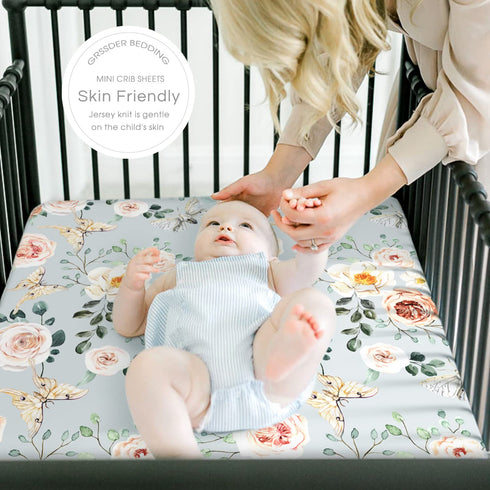 GRSSDER Stretchy Ultra Soft Jersey Knit Fitted Pack n Play Sheets Set 2 Pack, Portable/Mini Crib Sheets for Girls, Watercolor Flowers and Fruits...