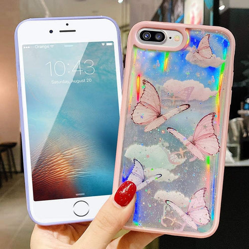 LCHULLE Girly Case for iPhone SE 2022/3rd/SE 2020/2nd, for iPhone 7/8 Case Cute Iridescent Butterfly Design Laser Bling Glitter for Girls Women So...