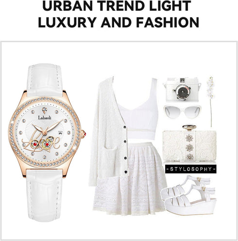 Women's Quartz Watch: Water-Resistant, Night-Luminous, High-End Ladies' Quartz Wristwatch with Calendar, Luxury Watch Gift (White+White)...