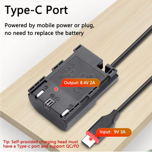 King Ma LP-E6 Dummy Battery Decoded LP-E6 Battery Replacement with Type-C Spring Power Adapter Cable for Canon EOS 5D4 80D 5D2 5D3 70D 60D 6D 7D2 ...