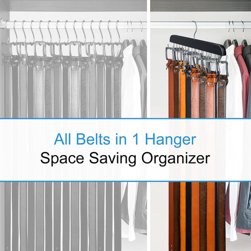 Belt Hanger for Closet Max 42 Belts, Sturdy Wood Belt Rack Closet Accessories with 14 Hooks Belt Organizer for Closet Organizers and Storage -Blac...