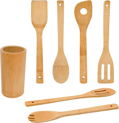 Bamboo Wooden Spoons & Spatulas Set - 6 Pieces Kitchen Cooking Utensils and 1 Holder, Heat Resistant for Non Stick Cookware...
