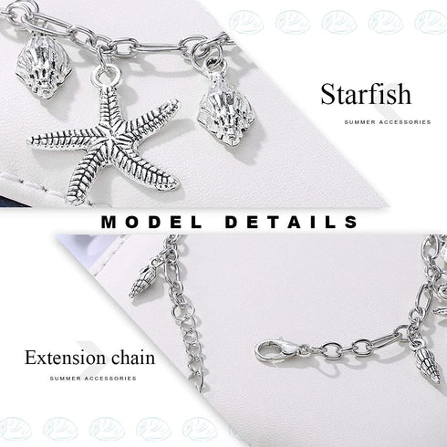 Boho Starfish Anklet Chain Silver Shell Ankle Bracelet Beach Adjustable Foot Accessory Jewelry for Women...