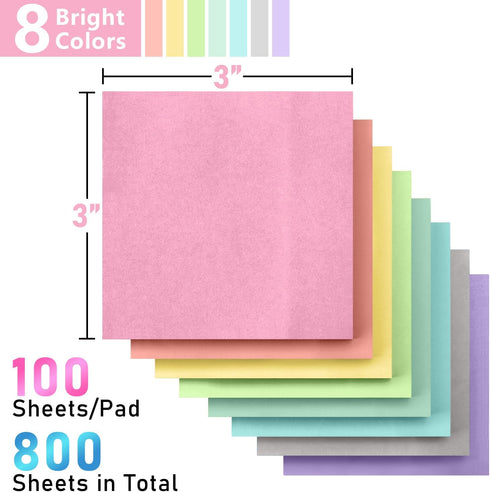 GOTIDEAL Sticky Notes, 8 Pads, 3x3 inches Stick Notes, 800 Sheets Pastel Colors Self-Stick Note Pads, Easy to Post for Home, Office Supplies, Stud...