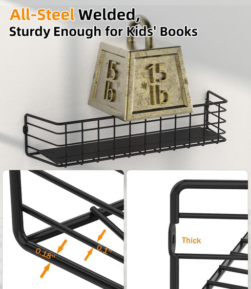 Kids Bookshelf - 2PACK, Black, 4.1" D x 16" W x 3.2" H, Metal Book Shelf for Wall, Versatile Floating Bookshelf for Nursery Toddler Classroom Bedr...