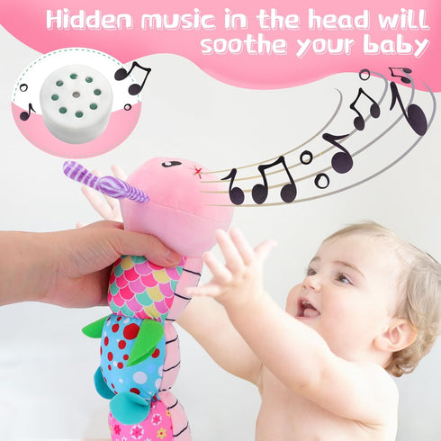 Infant Baby Stuffed Animal Toy for 0 3 6 12 Months Olds, Soft Toys with Musical Crinkle Rattles for Newborn Boy Girl Tummy Time Activity (Pink Cat...