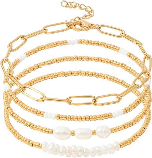 Gold Pearl Beaded Bracelets for Women Stackable Set, Elegant Delicate Paperclip Link Stretch Chain Summer Bracelet Dainty Trendy Gold Jewelry Birt...