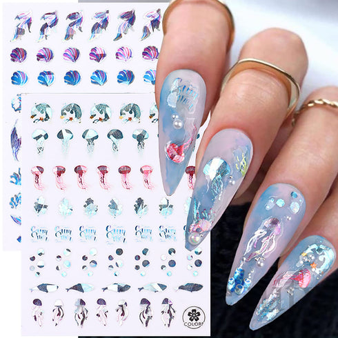 Sea Animals Nail Art Adhesive Sticker 3D Self-Adhesive Nail Decals Art Design Holographic Shell fish Jellyfish Nail Art Sticker Decoration for Wom...