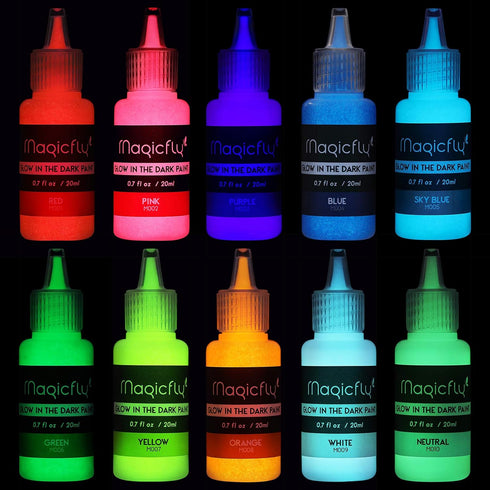 Magicfly Acrylic Glow in The Dark Paint, 10 Bright Colours Liquid Luminous Paint, Neon Paints Glow in Dark for Painting, Halloween Decoration, DIY...