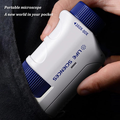 Portable Pocket Microscope MiniLabsters Handheld Miniscope 80X-160X LED Light with Sliders Kit for Kids (Blue)...